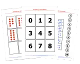 Fichas para asociar número y cantidad: puntos rojos, números del 0 al 8 y estrellas azules. Ideal para aprender a contar.
