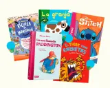 Diversos tipos de libros para niños: "El mundo de la escuela de monstruos", "La granja", "Stitch", "Un oso llamado Paddington" y "El tigre tiene rabietas".