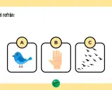 Adivina el refrán: Ejercicios refranes para imprimir. Opción A: pájaro azul. Opción B: mano abierta. Opción C: bandada de pájaros.