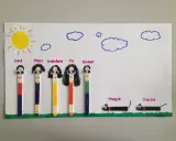 Una **asamblea infantil genially** con figuras de palitos representando a la familia y sus perros, bajo un sol y nubes dibujados.