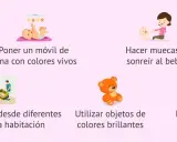 Ilustraciones muestran cómo estimular a los bebés cuando empiezan a ver: móvil, sonrisas, objetos brillantes, cuentos y llamadas.