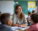 Una maestra sonríe mientras explica algo a sus alumnos. Se nota que es una **buen profesor** por la atención de los niños.