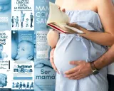 Una mujer embarazada lee un libro, con su pareja abrazándola. Alrededor, portadas de libros sobre embarazo y crianza, incluyendo "Bésame mucho" para un bebé de 1 semana.
