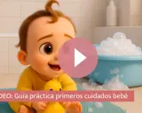 Un tierno bebé de 1 mes, con un patito de goma, listo para su baño de burbujas.