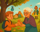 Un niño entrega una bolsa a una anciana, un ejemplo de cuentos sobre compartir. En el fondo, otras personas y casas.