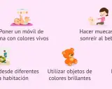 Estimula a un bebé de 4 meses con móviles, sonrisas, objetos brillantes y cuentos.