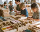 Niños concentrados en actividades de construcción y arte, siguiendo el método Steiner. Materiales didácticos de madera y colores organizados en bandejas.