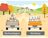 Camiones con fichas de lectoescritura p5 para imprimir: uno con letras sueltas (vía fonológica) y otro con palabras formadas (vía léxica).