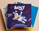 Libro de Bluey "Buenas Noches, Murciélago de la Fruta" y otros cuentos divertidos para niños, con murciélagos volando en la noche estrellada.