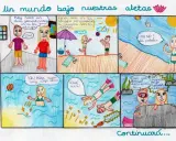 Viñetas de 6 comics fáciles: dos niños van a la playa, pierden la pelota en el mar y descubren un mundo bajo el agua.