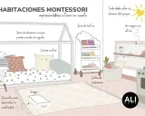 Habitación Montessori con cama baja, estantería de libros, cesta de ordenación y espejo a la altura del niño. Ideal para fomentar la autonomía.