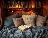 Un acogedor rincón de lectura con cojines mullidos, una manta tejida y un libro abierto. Las luces de hadas añaden un toque mágico.
