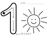 Fichas números infantil: el número 1 con flechas para trazar y un sol sonriente. Ideal para aprender a escribir el uno.