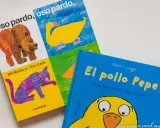 Los mejores libros para bebé de 1 año: "Oso pardo, oso pardo" con un oso y un gato morado, y "El pollo Pepe" con un pollito amarillo.