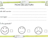 Ficha de lectura infantil para escribir nombre, título, personajes y calificar el cuento con caritas sonrientes, neutras o tristes.