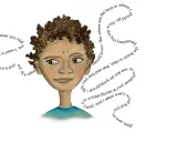 Ilustración de un niño con palabras formando un rizo alrededor de su cabeza, ideal para poemas para niños de 7 a 8 años.