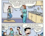 Viñetas de comics pequeños: una chica sentada en una silla, una doctora y un dentista.