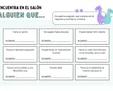 Fichas de animales para imprimir: juego "Encuentra a alguien que..." con casillas para escribir nombres según diferentes requisitos.