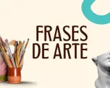 Pinceles y paleta de artista junto a un busto clásico, con el texto "Frases de Arte para niños".