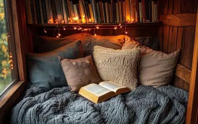 Un acogedor rincón de lectura con cojines mullidos, una manta tejida y un libro abierto. Las luces de hadas añaden un toque mágico.