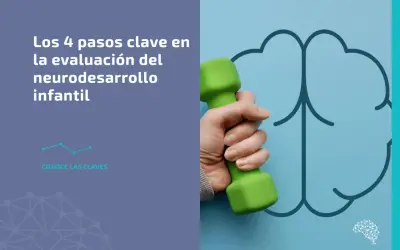 Mano sujetando pesa verde frente a un cerebro estilizado. Texto: "Los 4 pasos clave en la evaluación del neurodesarrollo infantil".