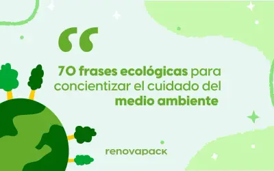 Planeta verde con árboles y el eslogan del medio ambiente para niños: "70 frases ecológicas para concientizar el cuidado del medio ambiente".