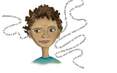 Ilustración de un niño con palabras formando un rizo alrededor de su cabeza, ideal para poemas para niños de 7 a 8 años.