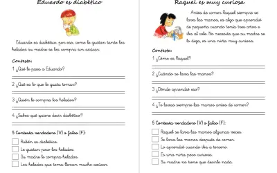 Ficha lectura 5 años: Eduardo es diabético y Raquel es muy curiosa. Ejercicios de comprensión lectora.