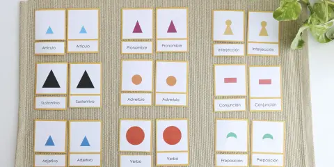 Tarjetas de simbolos gramaticales Montessori: artículos, pronombres, sustantivos, adverbios, verbos, adjetivos, interjecciones, conjunciones y preposiciones.