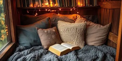 Un acogedor rincón de lectura con cojines mullidos, una manta tejida y un libro abierto. Las luces de hadas añaden un toque mágico.