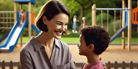 Una mujer sonríe a un niño en un parque infantil. Se escuchan cortas frases de jardín entre risas.