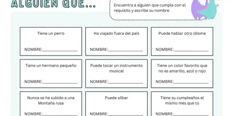 Fichas de animales para imprimir: juego "Encuentra a alguien que..." con casillas para escribir nombres según diferentes requisitos.
