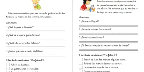 Ficha lectura 5 años: Eduardo es diabético y Raquel es muy curiosa. Ejercicios de comprensión lectora.