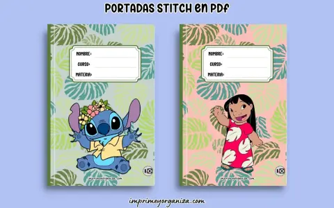 Portadas para trabajos infantiles con Stitch y Lilo. Ideales para organizar las tareas escolares con un toque divertido.