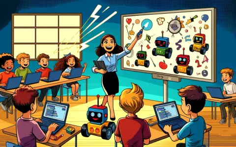 Maestra entusiasta lidera clase de robótica, fomentando la **innovación en el aula** con niños programando laptops y robots coloridos.