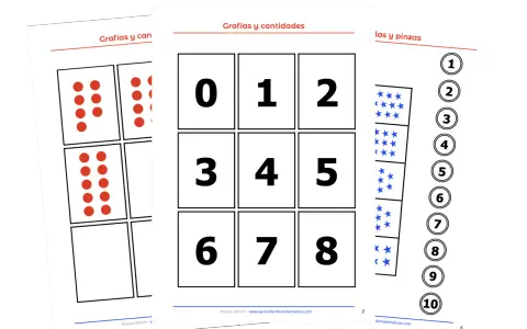 Fichas para asociar número y cantidad: puntos rojos, números del 0 al 8 y estrellas azules. Ideal para aprender a contar.