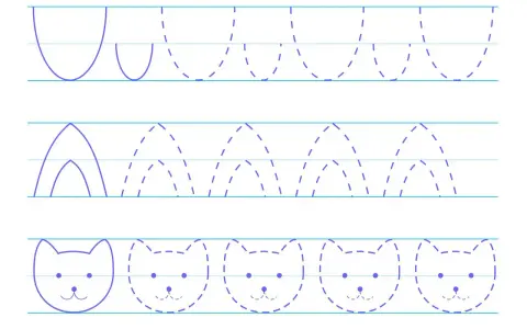 Actividades para imprimir con líneas rectas y curvas: traza arcos y caritas de gato.