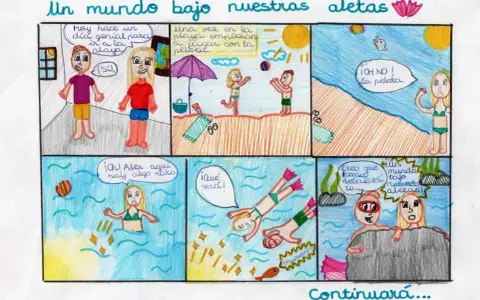 Viñetas de 6 comics fáciles: dos niños van a la playa, pierden la pelota en el mar y descubren un mundo bajo el agua.