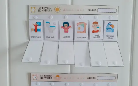 Tableros para organizar las actividades de la vida cotidiana: "Mi Rutina de Mañana" y "Mi Rutina de Tarde", con imágenes ilustrativas.