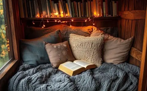 Un acogedor rincón de lectura con cojines mullidos, una manta tejida y un libro abierto. Las luces de hadas añaden un toque mágico.