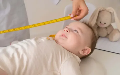 Bebé de 20 meses siendo medido con cinta métrica. Un peluche de conejo observa atentamente.