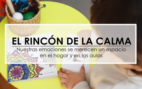 Un niño explora un rincón de la calma Montessori con tarjetas de emociones y un libro para colorear.