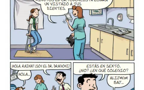 Viñetas de comics pequeños: una chica sentada en una silla, una doctora y un dentista.