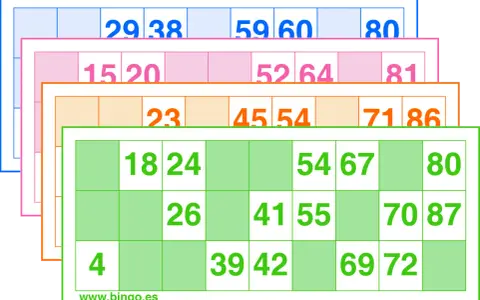 Variados cartones de bingo para imprimir con números en diferentes colores. ¡Listos para la diversión!