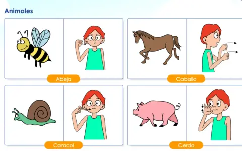 Ilustraciones de animales (abeja, caballo, caracol, cerdo) y personas haciendo gestos de lenguaje bimodal para cada uno.