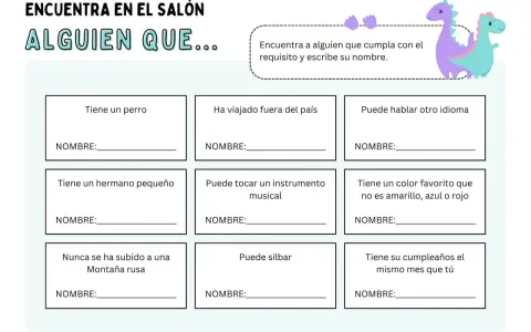 Fichas de animales para imprimir: juego "Encuentra a alguien que..." con casillas para escribir nombres según diferentes requisitos.