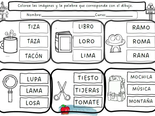 Fichas de lectoescritura para colorear y asociar imágenes con palabras. Incluye tazas, libros, ranas, lupas, tijeras y mochilas.