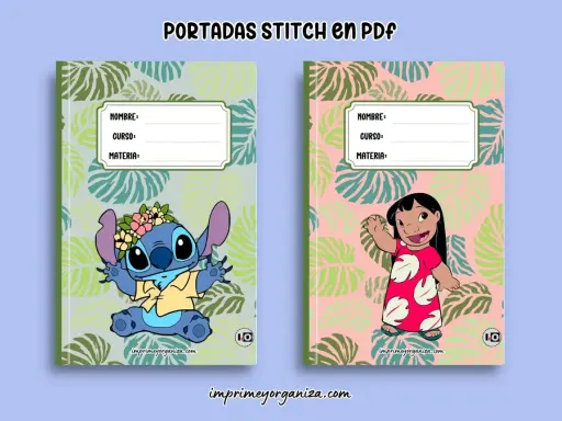 Portadas para trabajos infantiles con Stitch y Lilo. Ideales para organizar las tareas escolares con un toque divertido.