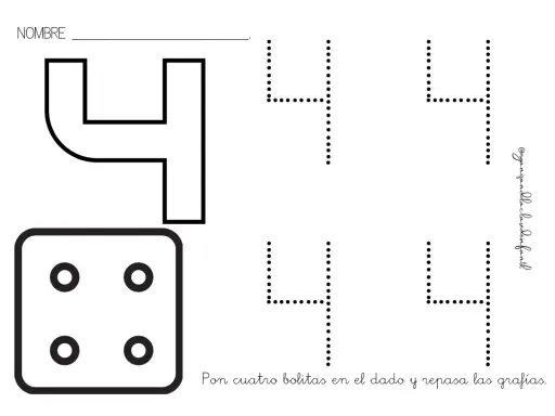 Fichas número 4 infantil: un dado con cuatro puntos y el número 4 para repasar. ¡Aprende el número cuatro!
