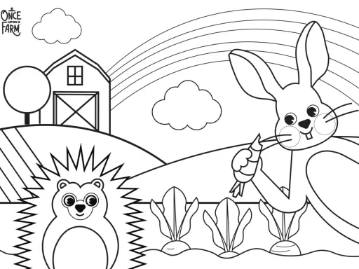 Un conejo y un erizo disfrutan de la primavera en la granja, con zanahorias y un arcoíris. ¡Perfecto para colorear animales de primavera!